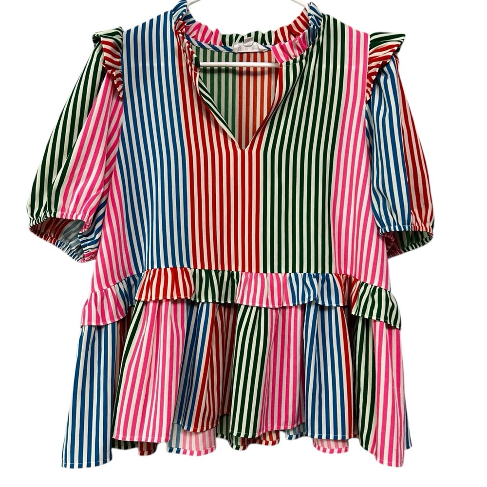 THML Pink and Green Puff Sleeve Blouse